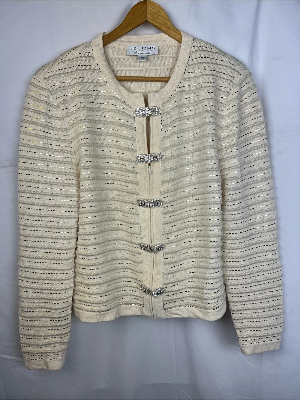 Vintage St. John Evening by Marie Gray  Cardigan Cream gold stripe accents Sz 12